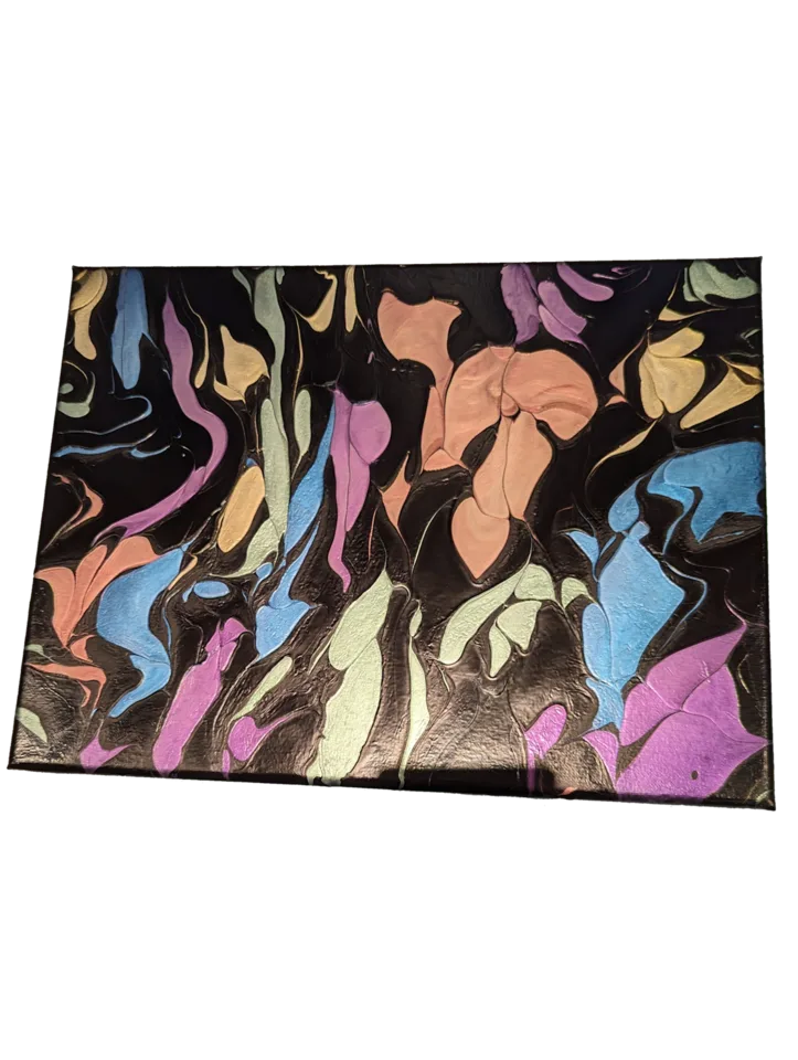 Rectangular pearlescent painting with black, lavender, blue, mint and peach flowing shapes.