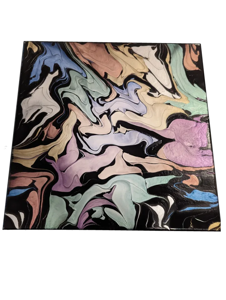Square pearlescent pour with black, blush, lavender, mint and cream flowing shapes.