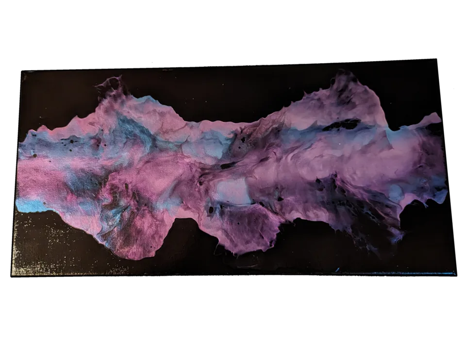 Wide abstract pearlescent piece in lavender, pink and blue resembling a soft cloud or mountain range.