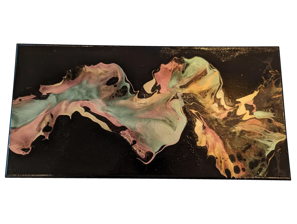 Horizontal black painting with airy mint, peach, gold and pink pearlescent forms.