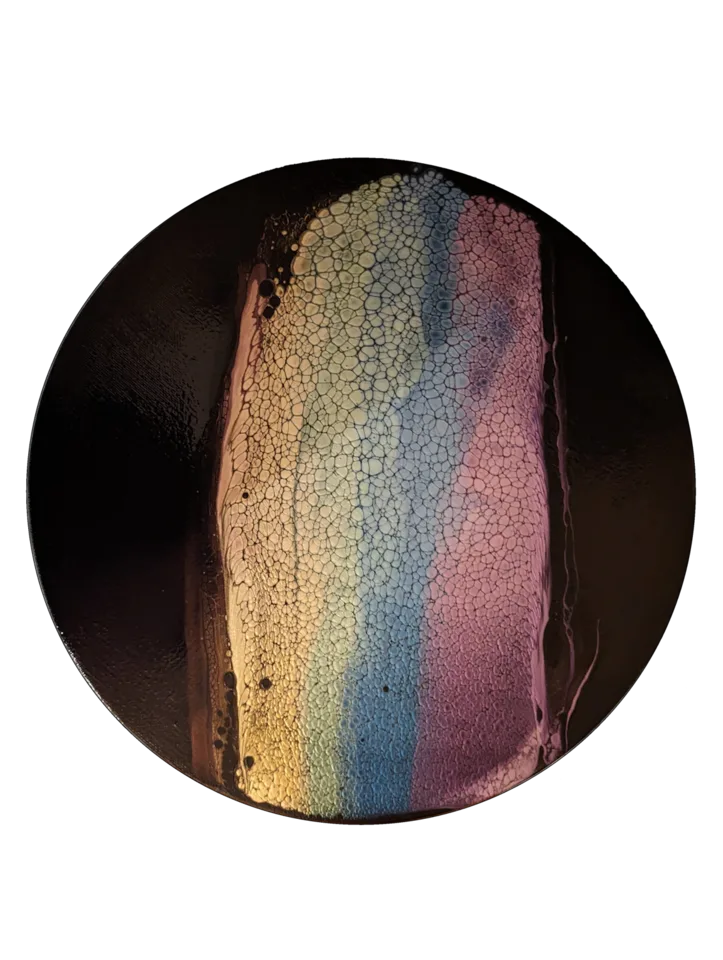Round painting with a vertical band of fine pearlescent rainbow cells over black.