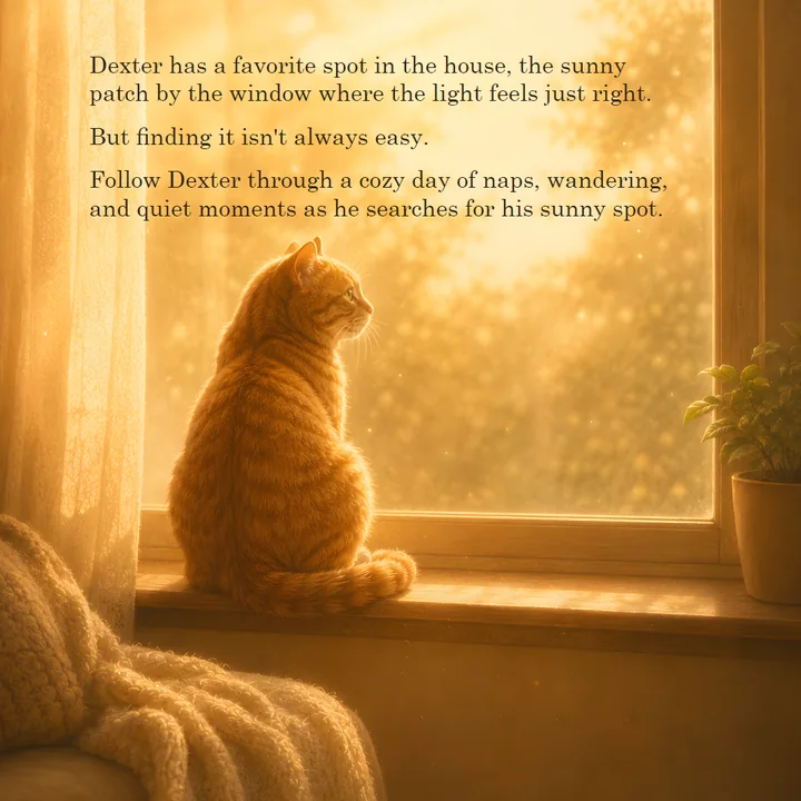 Back-cover preview showing Dexter sitting at a sunlit window with a short description of the story.
