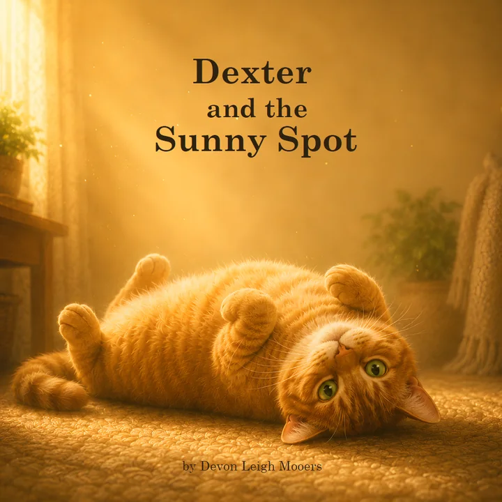 Square cover of Dexter and the Sunny Spot, showing an orange cat lying on its back in a warm patch of sunlight.